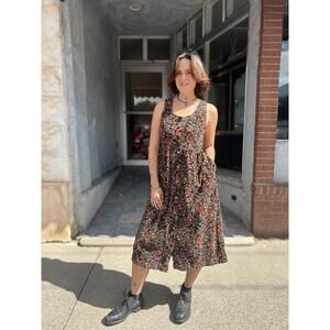 90s Capacity Large Brown Corduroy Floral Midi Dress Pockets